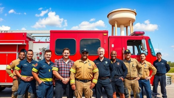 Bradenton firefighter team in front of truck and water tower