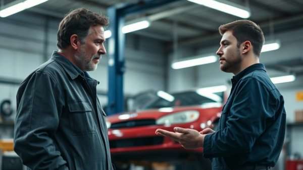 Auto repair competition in Connecticut showing mechanics discussing in a workshop.