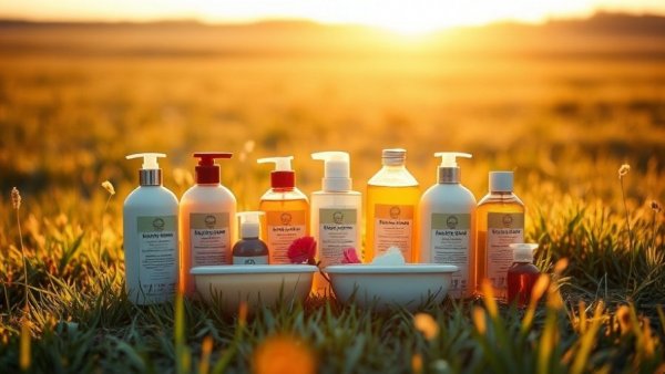 John Deere bath products arranged on dewy field at sunrise.