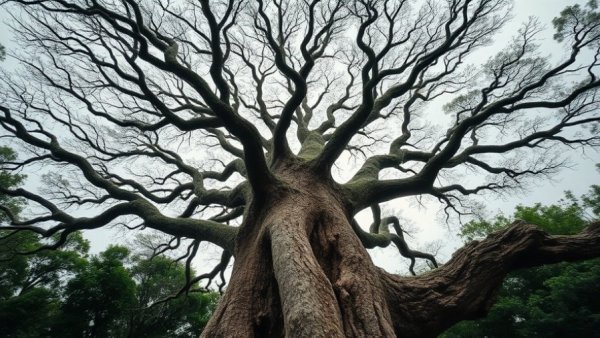 Towering ancient tree with intricate branches in Shelby Michigan.
