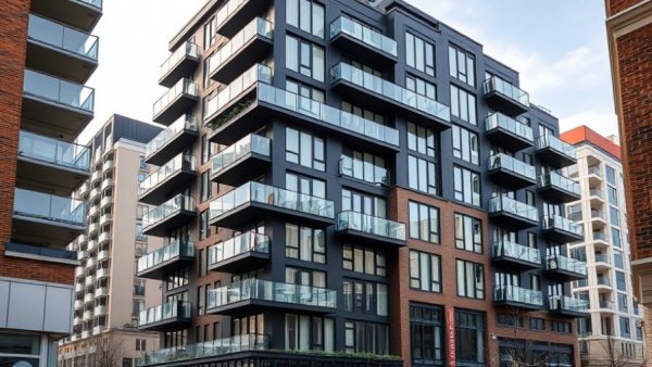 Modern multifamily building with glass balconies reflecting urban design.