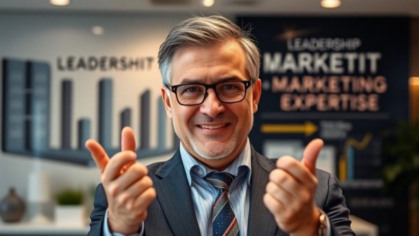 Expert portrait in digital marketing with business graphics.