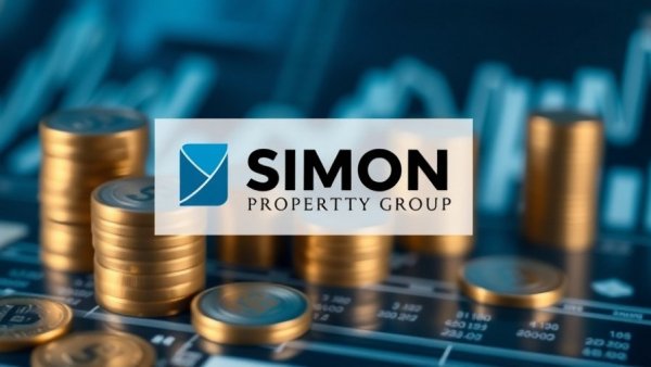 Simon Property Group Inc logo with financial charts and coin stacks backdrop