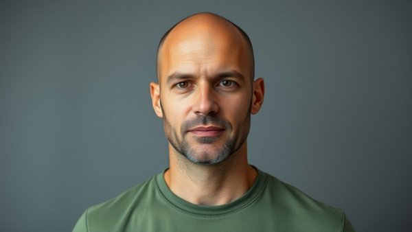 Neutral expression bald man in green shirt against gray background