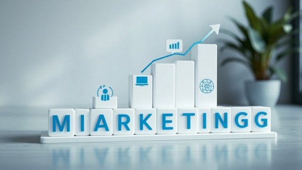 3D digital marketing growth blocks with icons and upward trend.