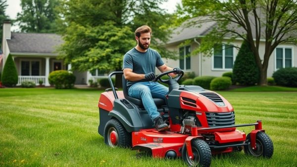 Man mowing lawn to the right height for a healthier lawn, lush greenery.