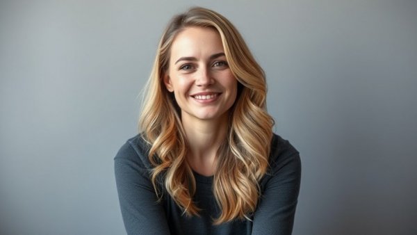 Smiling woman in modern chair, integrated digital marketing strategy