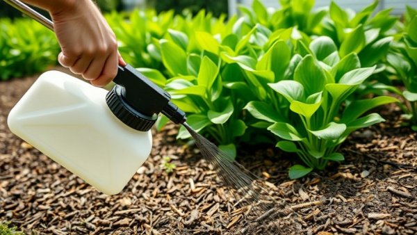 Easy Lawn and Garden Updates: person using garden sprayer on mulch