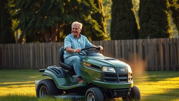 Man mowing lawn with a riding mower in Shelby MI, vibrant foliage.