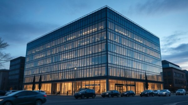 Modern office building with glass facade at twilight representing rental property oversight services.