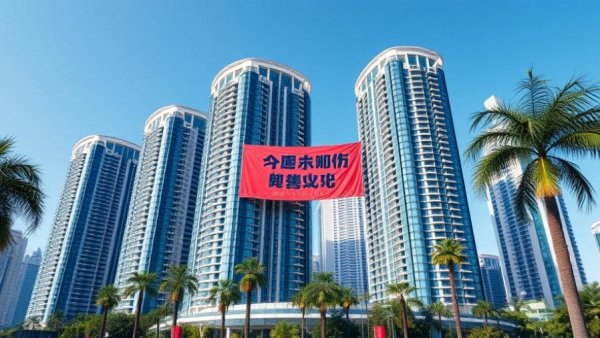 China's Real Estate Slump: Modern skyscrapers with banner.