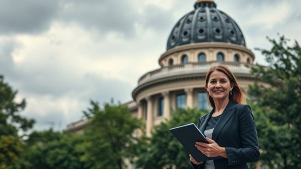 Professional woman in front of domed building, rental property oversight services.