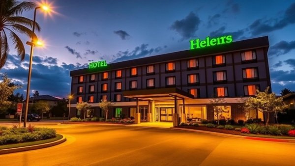Modern hotel expansion with vibrant signage at dusk.