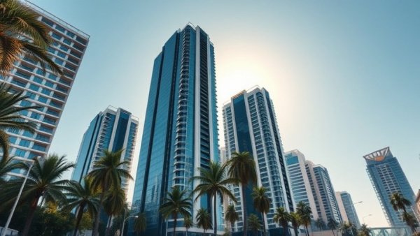 Modern skyscrapers and palm trees under blue skies in China.