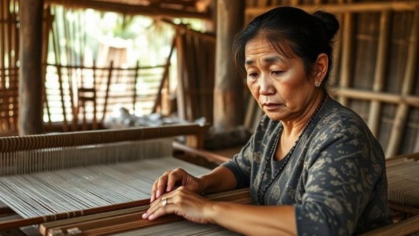 Kaziranga Eco Shop artisan weaving on loom in rustic workshop.