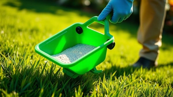 Person using fertilizer spreader to treat lawn, highlighting how to get rid of carpetgrass.