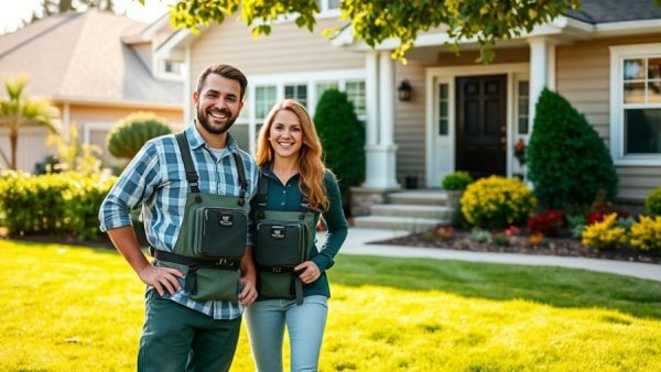Eco-friendly lawn care services team in front of a house.