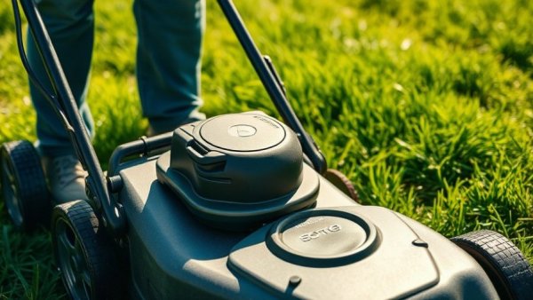 Lawn care services Shelby MI: Person mowing a lush green lawn.