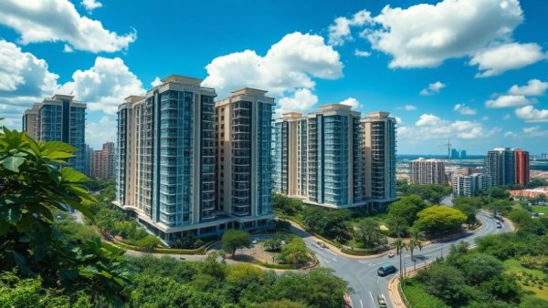 China's property crisis depicted with modern high-rise buildings and greenery.