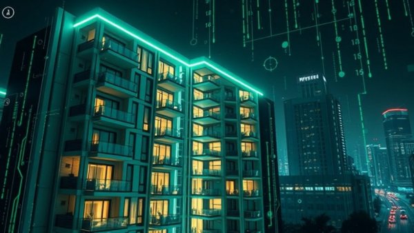 AI in residential property management visualization with high-tech apartment.