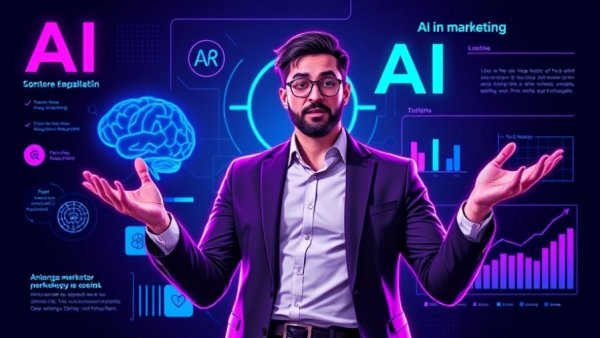 AI-Powered Marketing Strategies infographic with futuristic tech.