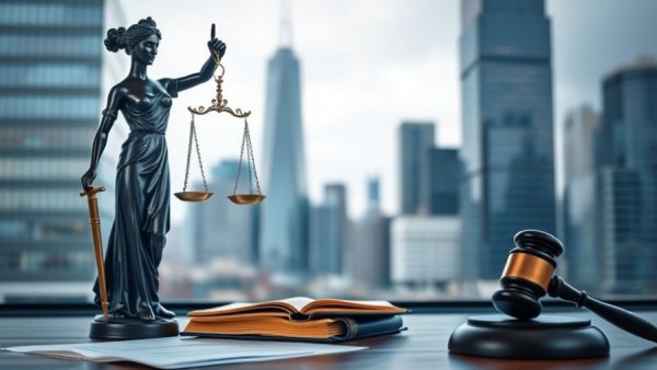 Justice statue with law books and cityscape, symbolizing landlord portfolio protection