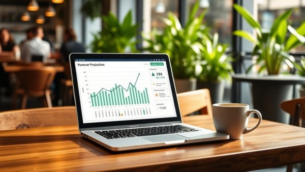 Laptop showing AI-Powered Revenue Management for Hotels at a cafe.