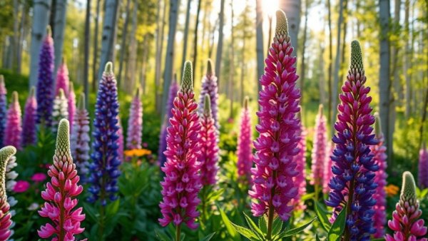 Vivid lupine flowers in a lush garden with dappled sunlight in Shelby MI.