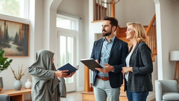 Realtor guides couple inside luxury home for FirstService property management.