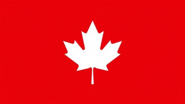 Minimalistic maple leaf icon on red background.