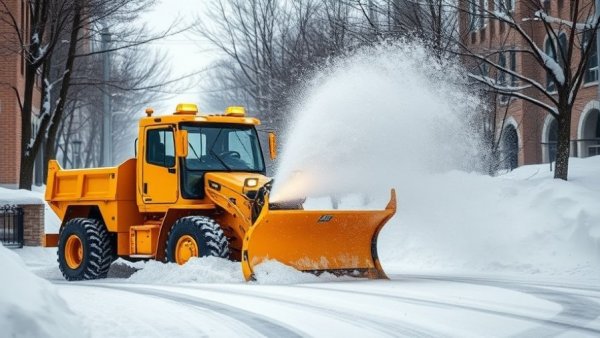 Efficient snow removal for driveway in Muskegon by a yellow snow plow.