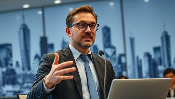 Business professional speaks at AI-powered property management platform event.