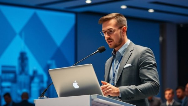 Professional speaker presenting at AI-powered property management platform event.