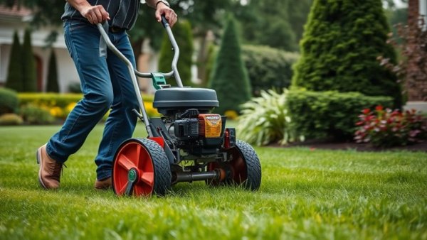 Landscaper using core aeration tool on lawn, soft lighting, natural setting.
