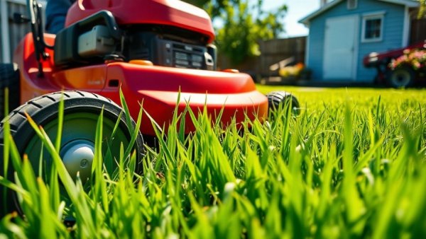 Lawn mower cutting grass, highlighting lawn care costs in South Louisiana.