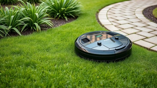 Sleek robotic mower for hands-free lawn care by grass edge.