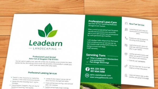 Professional lawn care services brochure with green trees and leaf logo describing services and contact information for lawn care needs in 2026.