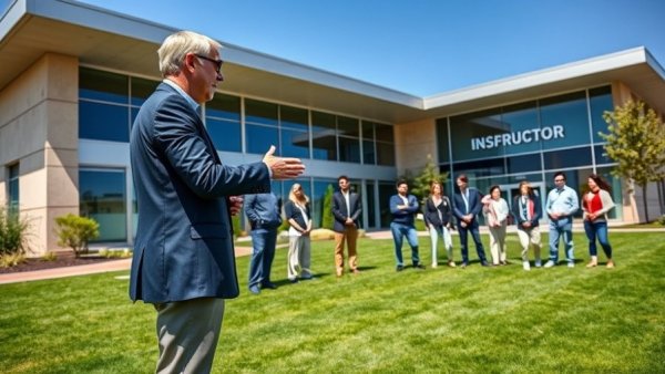Instructor leading group on a manicured lawn by a modern building for lawn care services in Shelby MI.