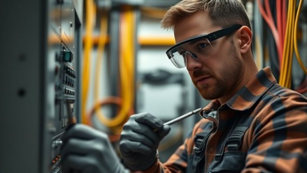 Electrician working on panel for specialized insurance solutions context.