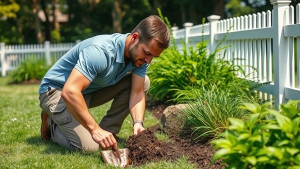 Gardener transforming lawn with native plants, vibrant greenery.