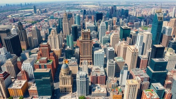 Aerial view of bustling cityscape illustrating rental property oversight services.