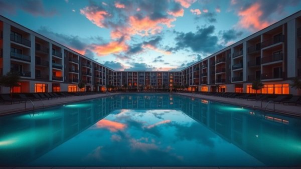 Modern multifamily housing with pool at sunset