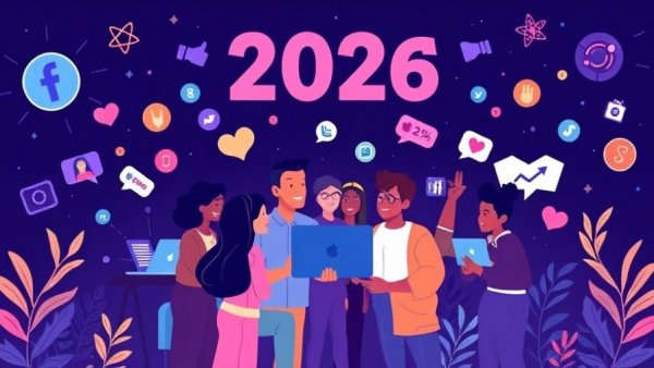 Illustration of digital marketing strategies for 2026 with futuristic elements.