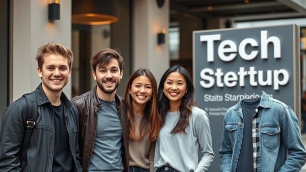 Young individuals at tech company sign, showcasing rental property oversight possibilities.