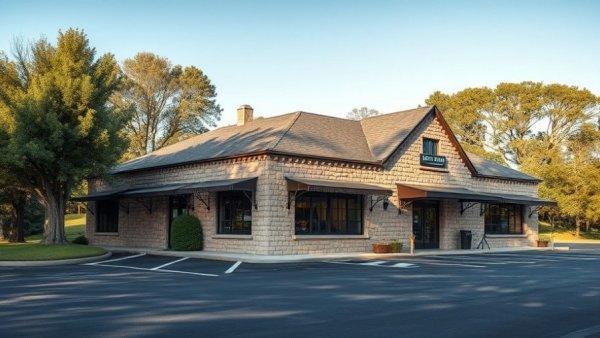 Charming stone commercial building in Haltom City with empty parking lot.