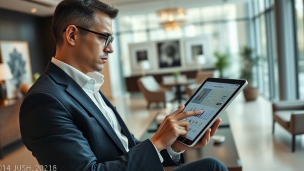 Professional rental administration on a tablet in a modern office.