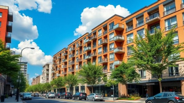 Urban apartment buildings under blue sky, rental property oversight services.