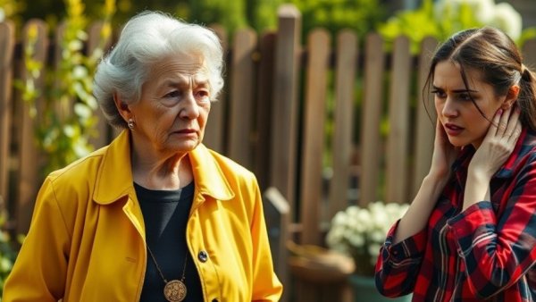 Elderly woman and young woman discussing in a garden.