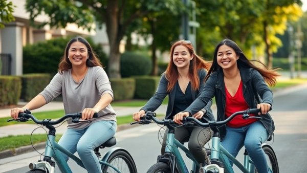 Young adults with lightweight commuter e-bikes, enjoying a sunny ride.