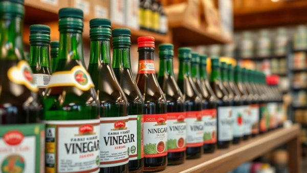 Vinegar bottles on a store shelf, related to weed-killing.